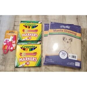 Lot Of 2x Crayola Markers Fiskars Scissors 2x Manilla Paper School Supplies